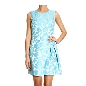 Pinko Blue Turquoise Floral Jacquard Sleeveless Pleated Mini Dress Size 2